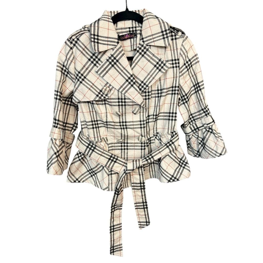NWT L&K Plaid Belted Double-Breasted Peplum Trench Coat - US M (6)
